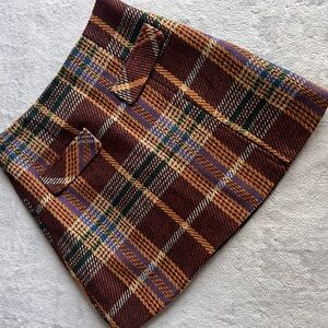 Cider Tweed Tartan Plaid Split Preppy Academia Mini Skirt Neutral Brown XS